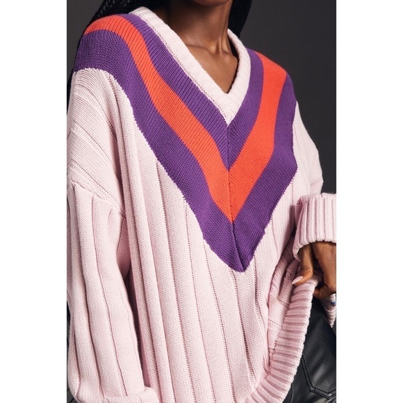 KULE Cotton Cashmere Rib Knit Striped V-Neck Pullover Varsity Tennis Sweater XS - Picture 6 of 12